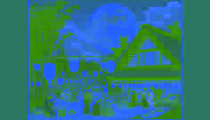 Aldeanos celebrando bajo una luna de cosecha con farolillos con temática de conejos y ofrendas.