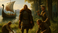 Leif Erikson y su tripulación nórdica desembarcan en las exuberantes costas de Vinlandia, con sus altos bosques y uvas silvestres.