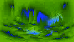 El explorador iluminado por un resplandor azul celeste se acerca a monolitos antiguos tallados con espirales en una vasta cámara subterránea.