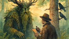 Leshy moss-bearded trickster bargains with a young mapmaker at a burnt pine