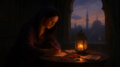 Leyli escribe poemas sola en una cámara del palacio al anochecer.