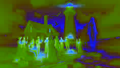A spectral figure of the fallen keeper appears before a candlelit gathering at the base of the lighthouse.