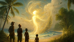 Lihangin, dargestellt als eine durchscheinende Gestalt, geboren aus dem Himmel über Inseln, Bäumen und Meer.