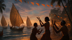 Lihangin reitet auf einer Böe hoch über einer Flotte traditioneller Boote, unter einem sich wandelnden Himmel.