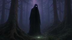 A shadowy figure with one glowing eye stands deep among the misty Russian pines.