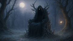 A throne made of bones in a moonlit forest clearing, Likho’s single eye glowing.