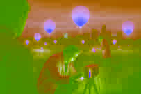 Scientists examining instruments while the purple glow lingers in the sky