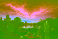 Community gathering in a park under the purple-lit sky