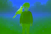 Un niño en un prado brumoso con un cardenal posado en su hombro.