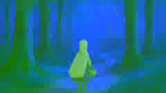 La Pequeña Capuchina caminando por un sendero de bosque brumoso bajo altos hayas