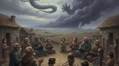 Les villageois chantent des chansons, attachent des amulettes et réparent les maisons, tandis que les divinités du vent et du tonnerre veillent depuis les nuages qui roulent.