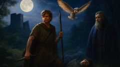 Blodeuwedd transformed into an owl flees beneath the moon as Lleu stands revived and Gronw lies slain.