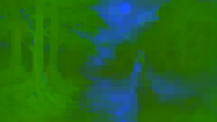 A spectral woman in white emerges from misty riverbanks under a starry night sky