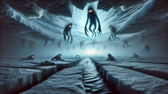Glowing-eyed Qallupilluit silhouettes under fractured sea ice
