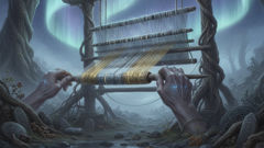 النول الحي للنورنز، خيوط تتلألأ بمصائر الآلهة والبشر، يتدلّى تحت شجرة يجدراسِل.