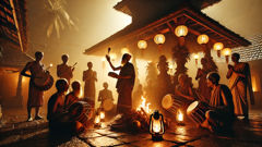 An elder singer and drummers leading the origin songs of Buta Kola in a village courtyard