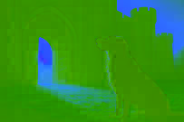 Illustration of Gelert standing guard by a castle gate as dawn light breaks through the misty Welsh hills