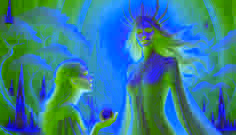 Lára, figure lumineuse vêtue de tissus argentés, se tient aux côtés de Freyja dans une vallée éthérée éclatante, entourée d'arbres semblables à des cristaux.