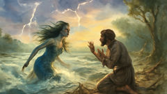 Luandinha emerges in a stormy river to confront those who disrespected her waters