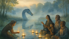 Luandinha watching over Angolan villagers as they honor her by the riverbank