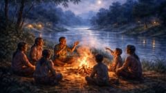 Los cuentacuentos evocan el origen de Luandinha junto a las hogueras vespertinas, gestos que dan forma al río en el humo, mientras los oyentes se acercan.