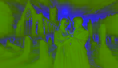 Elias and Marian stand among ancient ruins under a moonlit sky, sharing a moment of understanding.