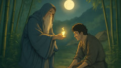 An elderly spirit in robes meets Khoai in a moonlit bamboo grove.