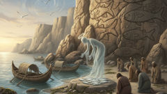 Fishermen of an early coastal village present the first catch at a rock altar while the tide gently lifts their reed boats.