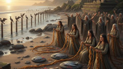 A coastal ritual as twilight deepens—kelp ribbons braided and songs rising from the shore to the sea.