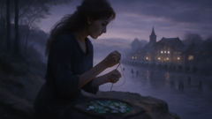 Una mujer sentada en un saliente, con cuentas alrededor del cuello, mientras el pueblo la observa desde la distancia.