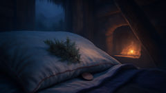 Amuletos, fios e moedas colocados debaixo dos travesseiros como proteção contra a Mara em uma casa tradicional norueguesa.