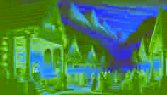 Ein geschäftiger mittelalterlicher norwegischer Marktplatz mit Holzständen, Einkaufenden und Stadtwachen bei hellem Tageslicht.