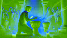 Mateo kniet in einem von Kerzen erleuchteten Santería-Laden und schlägt auf die Batá-Trommel, während schattenhafte Geister erscheinen. Don Sebastián beobachtet aufmerksam.