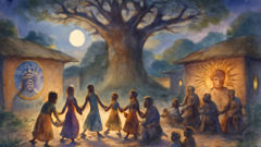 O povo do Daomé celebra sob o sol e a lua, homenageando a harmonia de Mawu-Lisa.