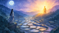 Mayari e seu irmão do Sol moldando o céu sobre os terraços filipinos.