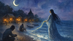 Mayari reinando sobre uma ilha à noite, acalmando os mares e guiando os moradores.