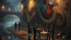 Un mural contemporáneo reimagina a Mbói Tu'ĩ como guardián de las aguas, conectando a los habitantes de la ciudad con el cuidado de los ríos.