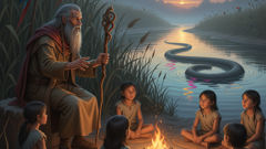 Un anciano narra el origen del Mbói Tu'ĩ junto a un río lento, mientras los niños escuchan y aprenden a respetar el agua y sus reglas ocultas.