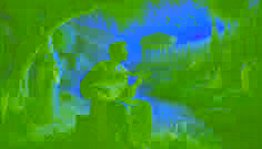 Orfeo tocando apasionadamente su lira junto a un río resplandeciente bajo un cielo radiante.