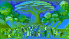 Central baobab tree in Mhondoro village surrounded by villagers.