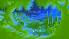 Two mice meeting in a sunlit glade surrounded by olive trees and soft greenery