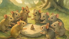 Mice animatedly discuss how to bell the cat beneath the ancient fig tree.