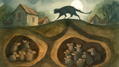 Mice huddle together in their burrows, fearful as night falls and the cat prowls above.