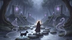 Un estrecho cruce de piedras oscuras y deslizantes, donde un perro fiel prueba cada paso y guía a un alma a través de las aguas espejadas de Mictlán.