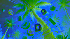 Letters tumbling playfully among coconuts high on the tree