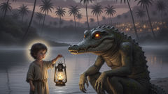 A soft midnight scene where a child offers a small lantern to the Cuca by the river in exchange for a lesson.