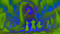 Mikael y Aino presionan sus manos contra las Piedras Cantantes, entonando una melodía antigua mientras una figura espectral se retira en agonía.
