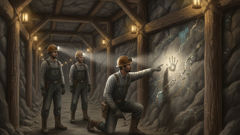 Miners in a narrow tunnel feeling the presence of the Muki, a guiding or mischievous figure in Andean mining lore.