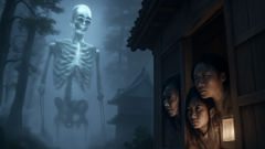 A spectral giant skeleton seen dimly through mist among ancient Japanese pines at night.