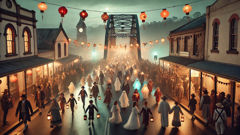 Desfile del Festival del Fantasma de Fisher con faroles y disfraces fantasmales en Campbelltown.